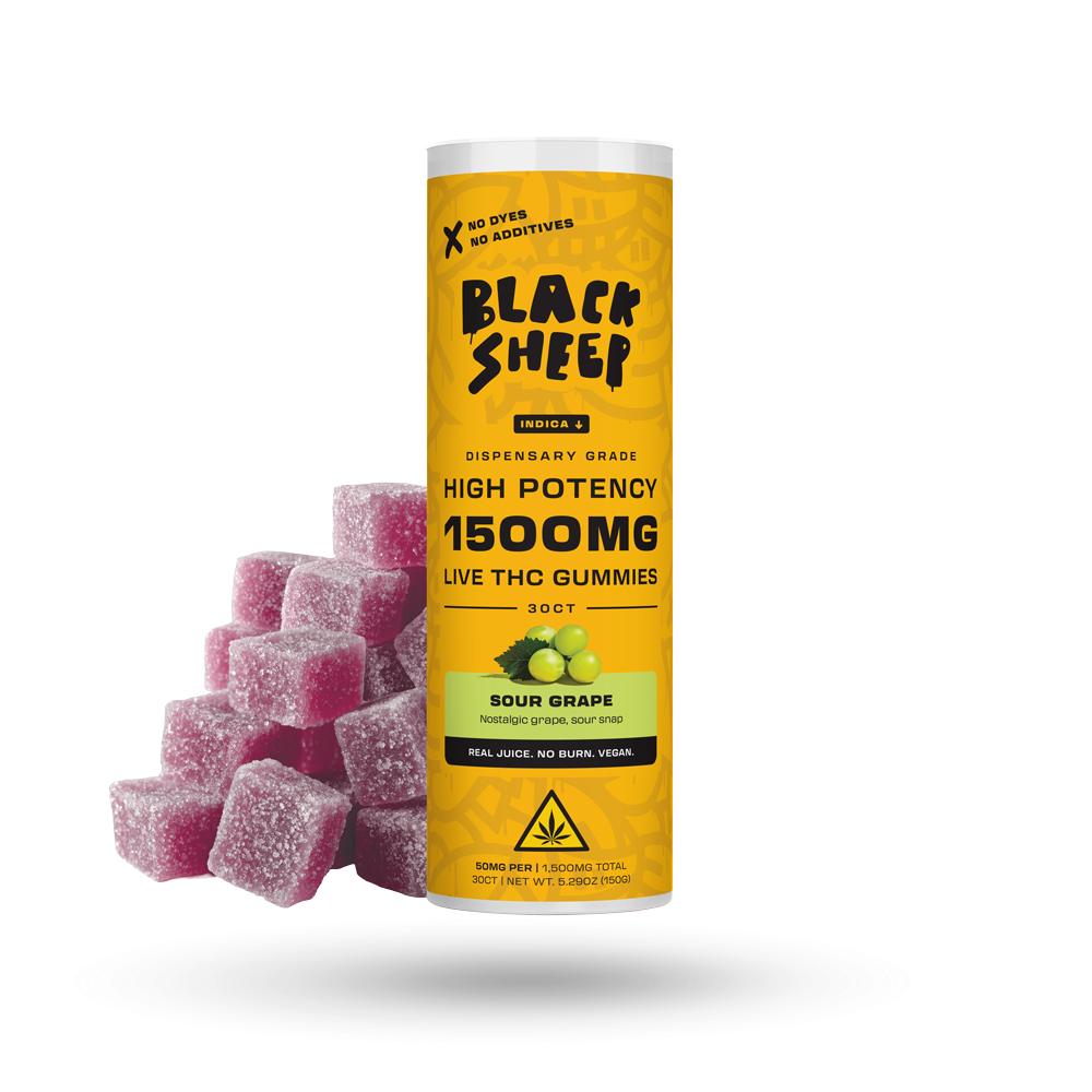 BLACK SHEEP LIVE THC GUMMIES 1,500MG JAR 30PCS INDICA SOUR GRAPE