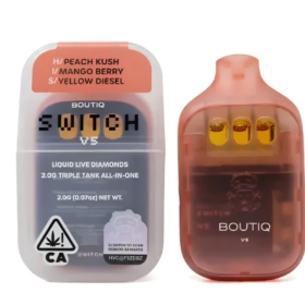 BOUTIQ SWITCH 2GRAM LIQUID LIVE DIAMOND DISPOSABLE TRIPPLE TANK 3 FLAVORS  H/PEACH KUSH I/MANGO BERRY S/YELLOW DIESEL