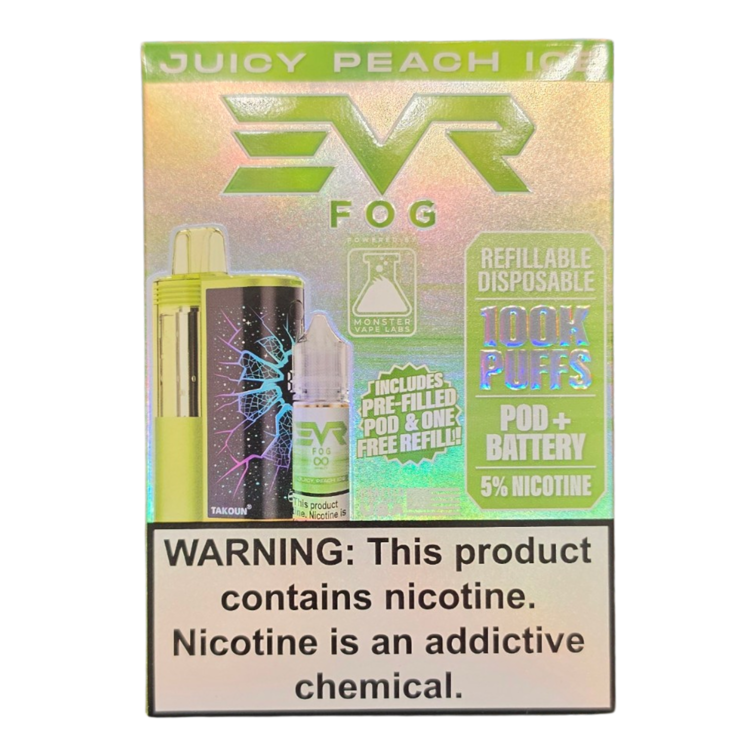 EVR FOG 100K DISPOSABLE WITH EXTRA REFILL EJUICE BOTTLE JUICY PEACH ICE