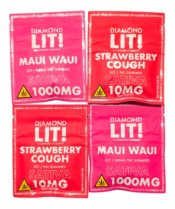 DIAMOND LIT 2CT X 4 PACKS. 1000MG PER PACK. 8 GUMMIES TOTAL. SATIVA STRAWBERRY COUGH AND MAUI MAUI