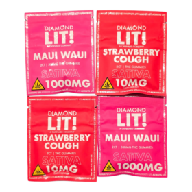 DIAMOND LIT 2CT X 4 PACKS. 1000MG PER PACK. 8 GUMMIES TOTAL. SATIVA STRAWBERRY COUGH AND MAUI MAUI